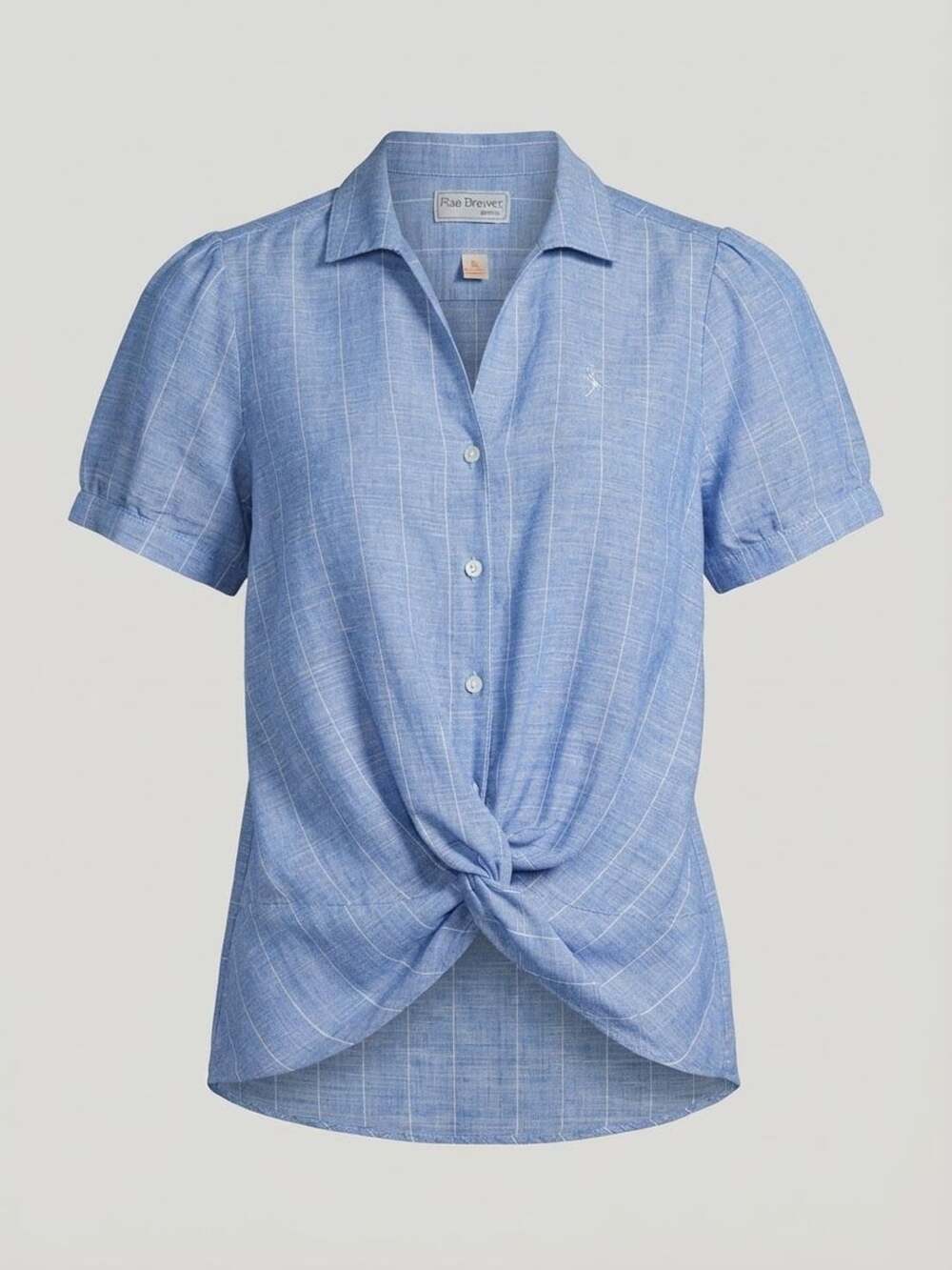 New Rae Brewer Linen Blouse Size 6 Blue Check Short Sleeve
